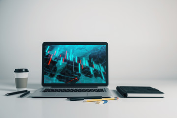 Laptop closeup with forex graph and world map on computer screen. Financial trading and education concept. 3d rendering.