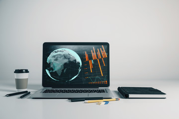 Laptop closeup with forex graph and world map on computer screen. Financial trading and education concept. 3d rendering.