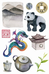 Watercolor Chinese elements the translation of the characters luck and success