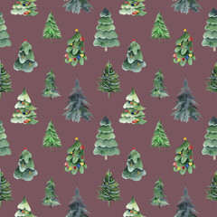 Watercolor floral seamless pattern. Christmas tree illustration.