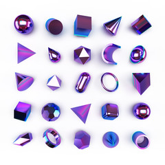 Set of 3d geometric shapes on white background 3D illustration.