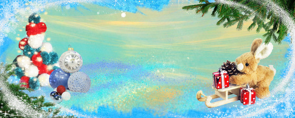 Holiday card with Christmas toys and a place to congratulate. Merry Christmas and happy New year in the form of a banner for a website or blog.
