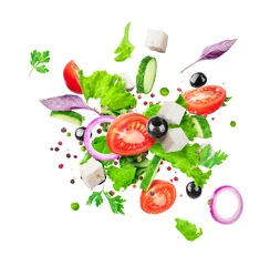 Fotobehang Salad ingredients are flying isolated on a white background. Healthy nutrition © sveta