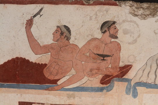 Capaccio Paestum, Italy - April 25, 2014: Detail of the cover slab of the Tuffatore's tomb