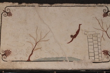Capaccio Paestum, Italy - April 25, 2014: Detail of the cover slab of the Tuffatore's tomb