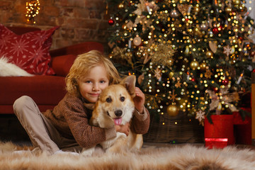 Little cute boy with a corgi puppy near christmas tree
