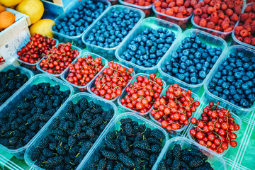 A mix of fresh berries on the market, strawberries, blueberries, raspberries, blackberries, cherries and red currants