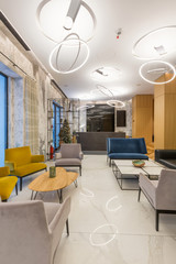 Interior of a hotel lobby with reception desk
