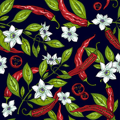 Mexican jalapeno chillies. Seamless pattern. Pepper flowers. The branches of the pepper. Pepper slices. Pepper seeds. Vector illustration.