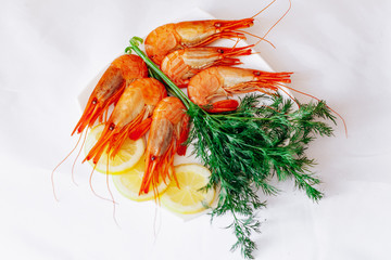 Shrimp on a plate with lemon and dill. White background