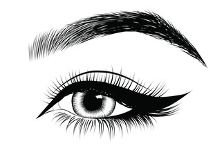  Fashion illustration of the eye with long full lashes. Hand drawn vector idea for business visit cards, templates, web, salon banners,brochures. Natural eyebrows and modern makeup