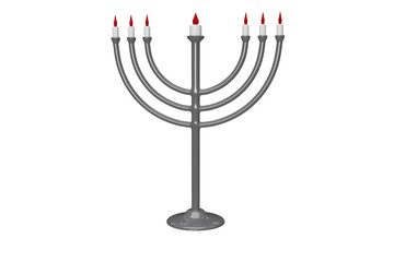 Grey hanukkah menorah with burning candles on white background. 3d rendering.