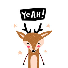 yeah. cartoon deer with hand drawing lettering, stars. kids flat vector illustration. baby design for cards, prints, decoration posters