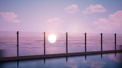 ocean sunset, beach lounge, 3d rendering background