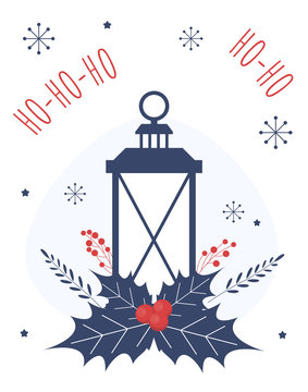 Christmas card with old lantern and holly branch. Vector flat concept for greeting cards, banners, flyers.