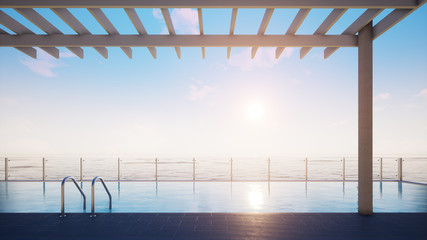beach lounge with swimming pool, sea and sky, 3d rendering background