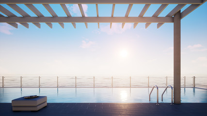 beach lounge with swimming pool, sea and sky, 3d rendering
