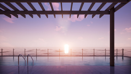 beach lounge with swimming pool, ocean sunset, 3d rendering background