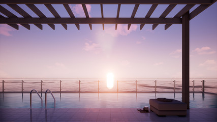 beach lounge with swimming pool, ocean sunset, 3d rendering