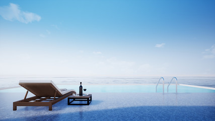 view of the sea and blue sky with swimming pool, 3d rendering	
