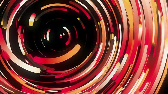 Futuristic background with many colorful lines forming a ring and flowing slowly, seamless loop. Animation. Bright spinning funnel on black background.