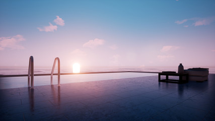 sunset on the sea and vanilla sky with swimming pool, 3d rendering