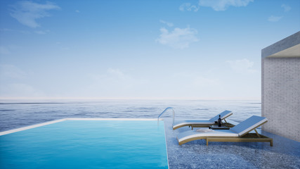 swimming pool with sea view and blue sky, 3d rendering background