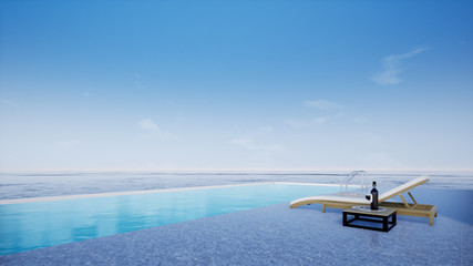 swimming pool with blue sky and sea view, 3d rendering background