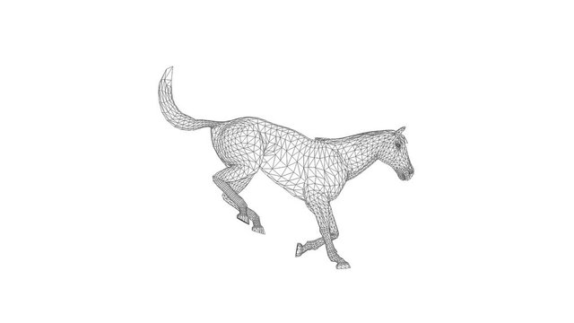 Wireframe 3d horse jumping, seamless loop, against white