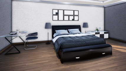 modern bedroom interior with white and gray brick wall, 3d rendering