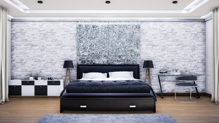 modern interior of luxury white bedroom with furniture, 3d rendering