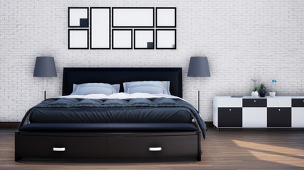 modern bedroom interior with white brick wall, 3d rendering