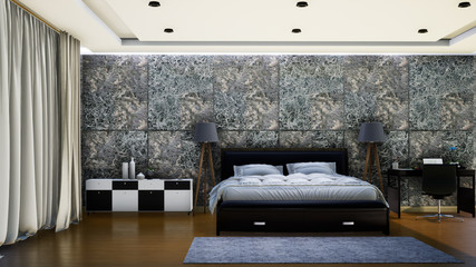 interior of luxury modern bedroom with marble wall, 3d rendering background