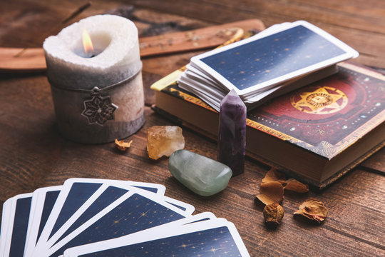 Fortune-telling tarot cards and magic accessories