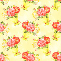 Seamless floral pattern with roses, watercolor illustration background.
