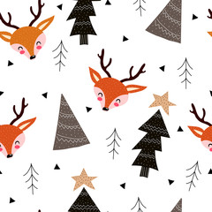 Seamless pattern with caricature deers, Christmas trees, stars, decor elements. festive scandinavian flat vector. Hand drawing for kids. colorful design for fabric, print, wrapper
