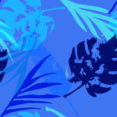 Palm, Banana Leaves Vector Seamless Pattern, Blue Pink Purple Indigo Floral Textile. Botanical 