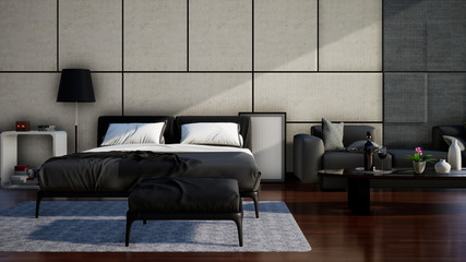 modern interior of white bedroom with black double bed, 3d rendering