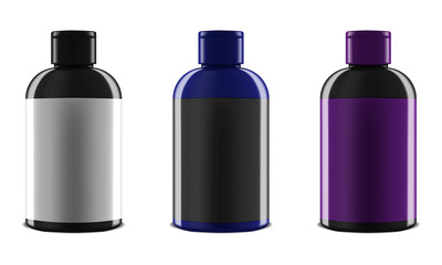Realistic cosmetic bottle with blank label, vector template. Beauty skin care product packaging. Color set. Easy to recolor