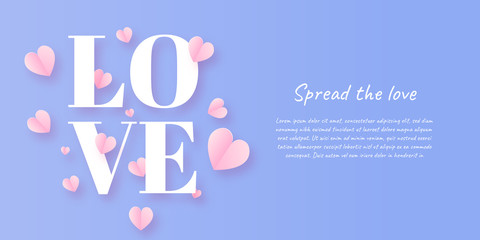 Purple Pink Love Valentine Paper Cut with heart bird, love letter, and copy space