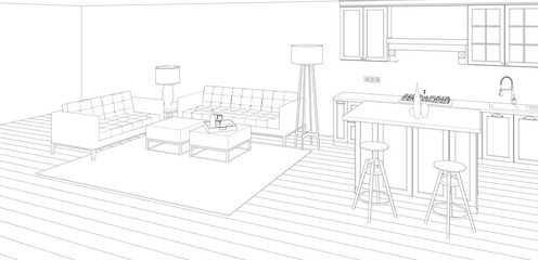sketch of house interior with kitchen and lounge, 3d rendering background