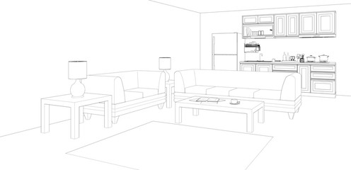 sketch of modern house with living room and kitchen, 3d rendering background