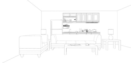 sketch of modern house interior with living room and kitchen, 3d rendering background