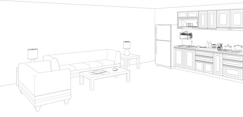 sketch of modern house with living room and kitchen interior design, 3d rendering background