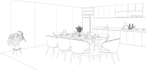 Obraz premium sketch of modern house with dining room and kitchen interior design, 3d rendering background