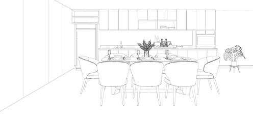 sketch of modern house with dining room and kitchen interior design, 3d rendering