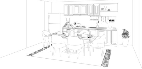 sketching house interior, dining room and kitchen, 3d rendering