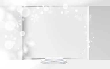 Winter white abstract background with snowflakes and product showcase stage vector template