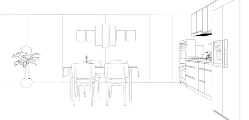drawing interior of dining room and kitchen, 3d rendering