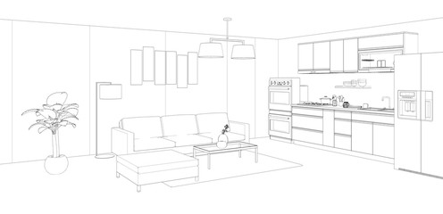 sketch of modern kitchen and living room interior, 3d render